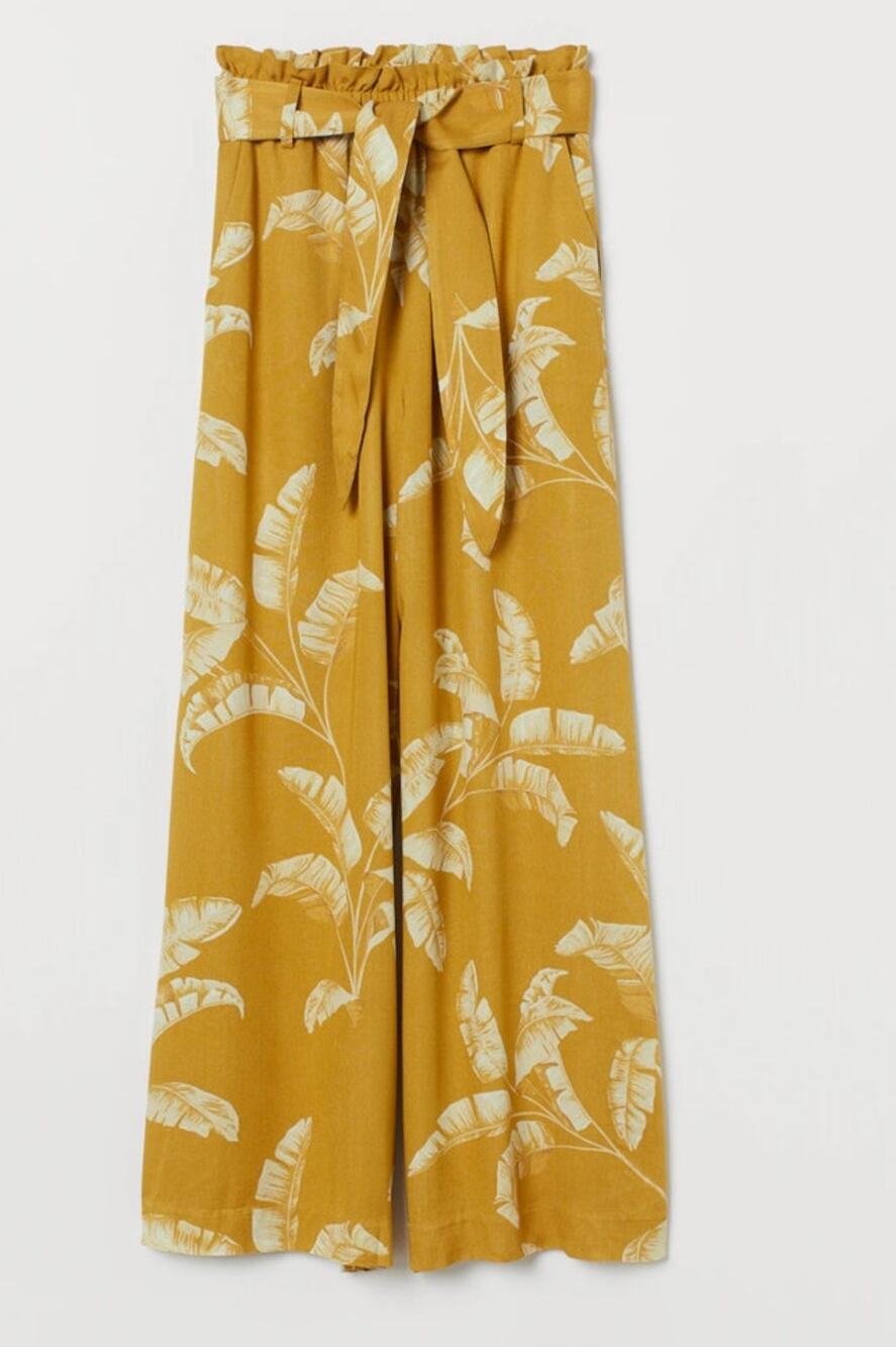 H&M Wide‎ Leg Palazzo Pants Yellow Tropical Print Vacation Resort Wear Sz 14 NWT